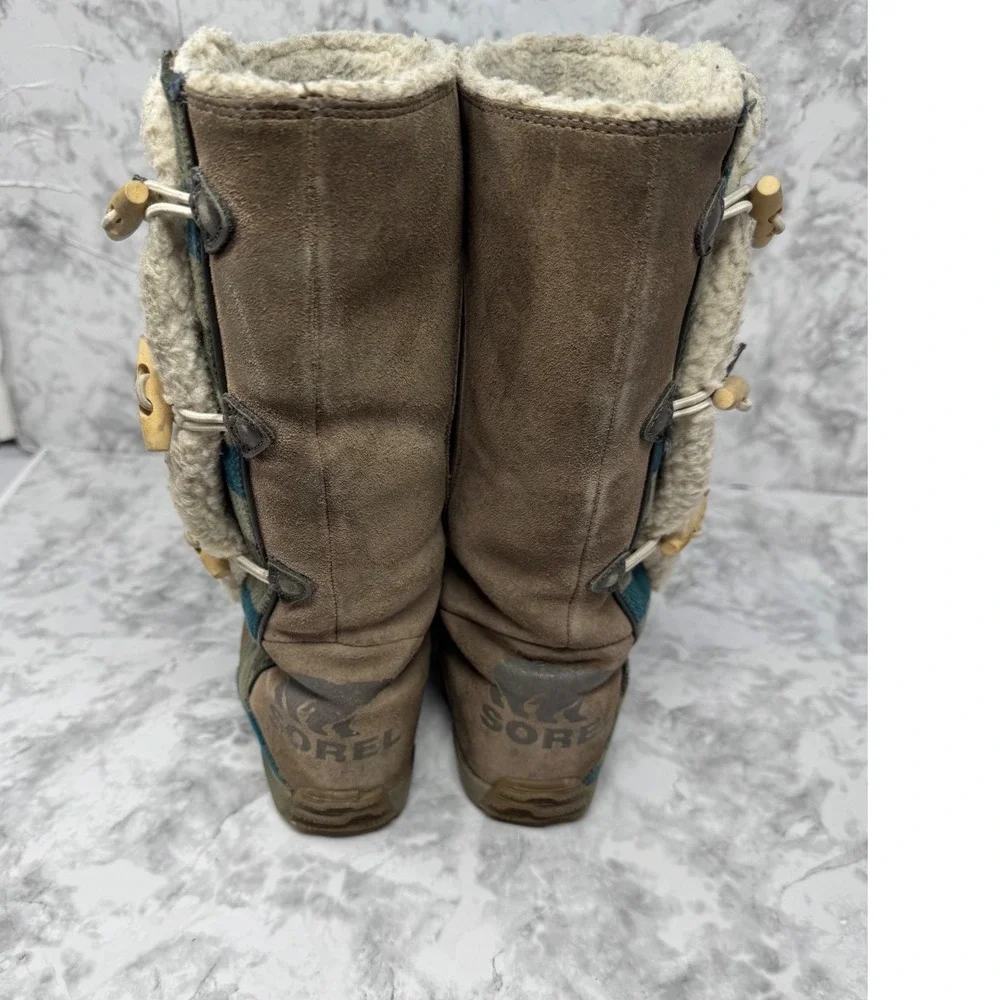 Sorel 🤎Tall‎ Winter Boots Plaid Canvas Suede Toggle Sherpa Lined Boho Western 8